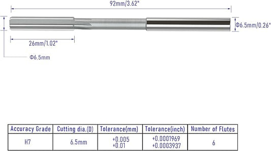 Chucking Reamer 6.5mm, H7 HSS Cobalt M35 Lathe Machine Reamer Metric, 6 Straight Flutes, Round Straight Shank Milling Cutting Tool, for Stainless Steel Alloy Copper Metal