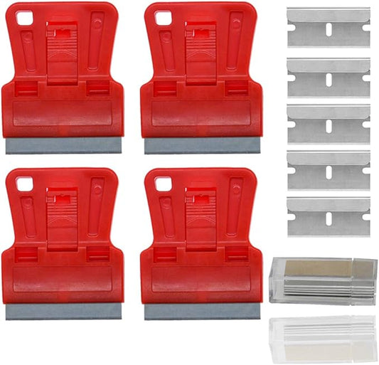 Mini Plastic Razor Blade Scraper High Visibility Red Window Paint Scraper with 5 Spare Metal Razor Blades - Stove Top, Wallpaper Sticker Decal Residue Label Removal