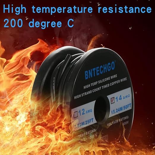 BNTECHGO 14 Gauge Silicone Wire Spool 50 ft Black Flexible 14 AWG Stranded Tinned Copper Wire