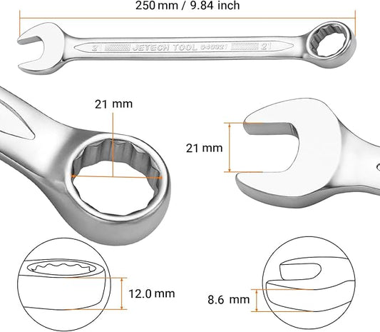 Jetech 21mm Industrial Grade Combination Wrench, Chrome Vanadium Steel, 12-Point Design, 15-Degree Offset, Sand Blasted Finish, Forged, Heat-Treated, Metric