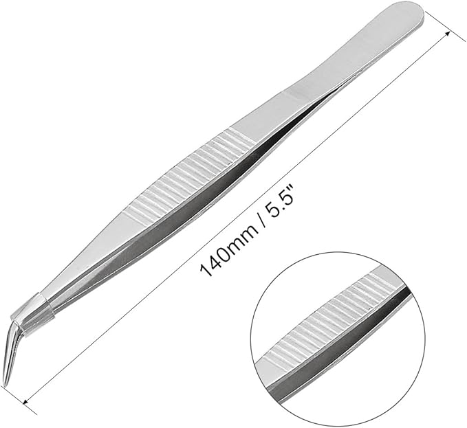 uxcell 2 Pcs 5.5-Inch Stainless Steel Tweezers with Curved Pointed Serrated Tip