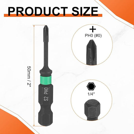 HARFINGTON 5pcs #0 Impact Phillips Screwdriver Bit PH0 1/4" Hex Shank 2" (50mm) Length 0.08" Rod Magnetic Cross Head Drill Bits S2 Steel Industrial Screw Drivers for Impact Power Tools