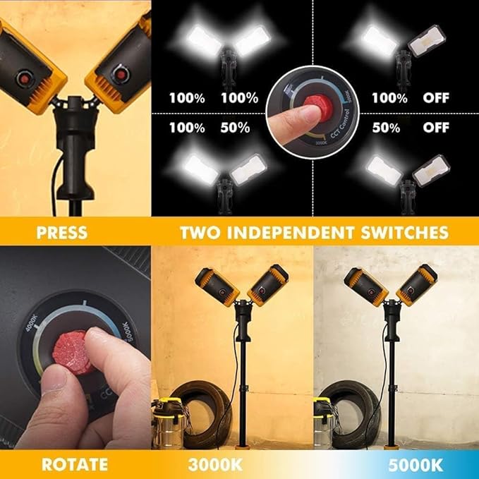 LUTEC ?륶pgraded??6290Max 15000 Lumen 138W Dimmable LED Work Light with Telescoping Tripod, Adjustable Color Temperature Dual-Head Work Light with Stand and 8 Ft 3-Prong Power Cord