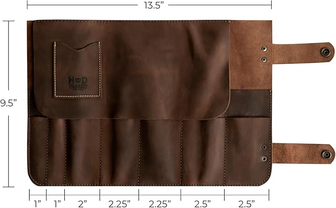 Hide & Drink, Snap Tool Roll Up Bag with 14 Slots, Portable Carry Case for Barbers, Salon Storage Organizer Pouch, Full Grain Leather, Handmade