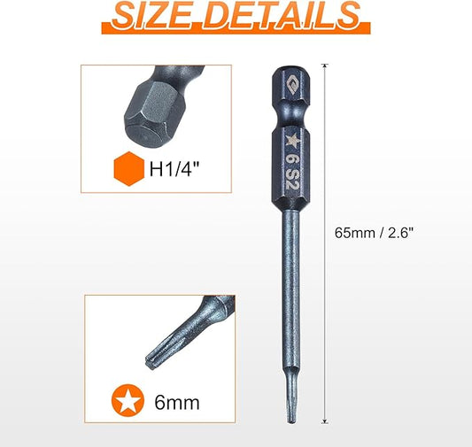 HARFINGTON 5pcs 5-Point Torx Screwdriver Bit 1/4" Hex Shank 6mm Magnetic Head 2.6" Length S2 Steel Pentagon Star Screw Driver Bit for Repair Work Electric Screwdriver, Blue