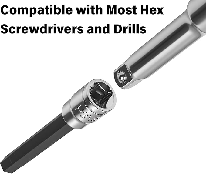 19-Piece 3/8" Drive Long Reach Impact Hex Bit Socket Set, SAE (1/8"-3/8") & Metric (3mm-12mm) Deep Allen Key Wrench Set, S2 and Cr-V Steel, with Molded Storage Box