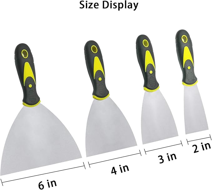 Putty Knife Set, 4 PCS (2,3,4,6 inch) Spackle Putty Knives, Metal Scrapers, Putty Scrapers for Drywall, Putty, Decals, Wallpaper, Baking, Patching and Painting