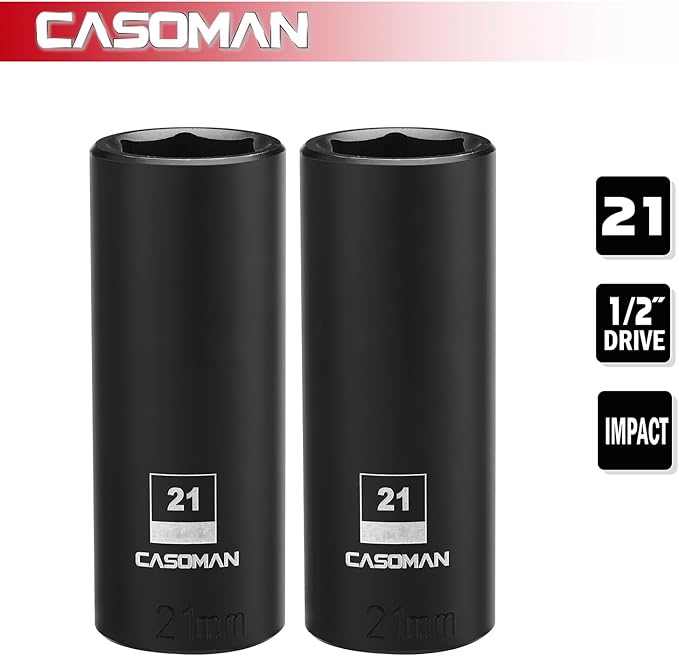 CASOMAN 1/2-Inch Drive x 21mm Deep Impact Socket, 2PCS Set, 6-Point, Metric, CR-MO