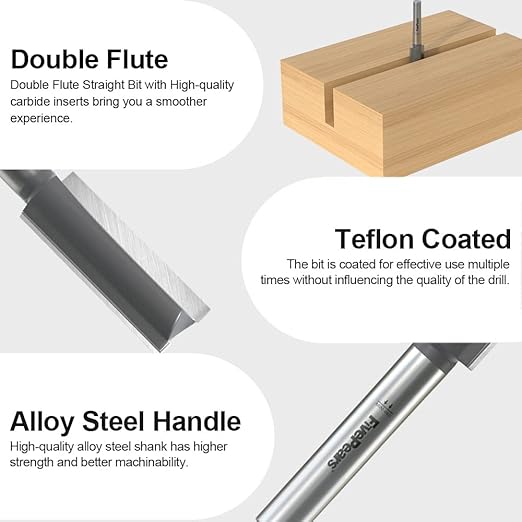 FivePears Straight Router Bits 1/4 Inch Shank Double Flute, 1/2 Inch Cutting Diameter, 1 Inch Cutting Length, Used for Create Groove, Dado or Hollow