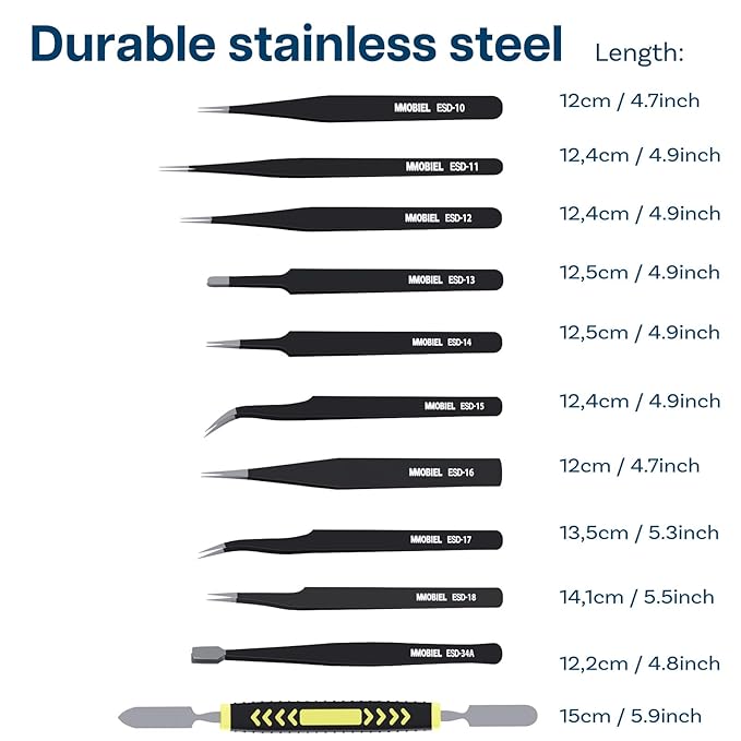 MMOBIEL 10x Industrial Precision ESD Tweezers Anti-Static Stainless Steel for Electronics Tools, Jewelry, Computer, Laboratory Work, Crafts and Hobbies etc. – Incl. Spatula and Case