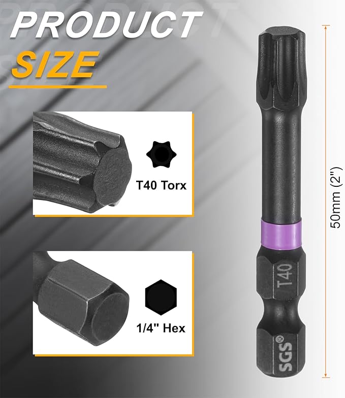 HARFINGTON 5pcs T40 Torx Head Impact Screwdriver Bits 1/4" Hex Shank 2" (50mm) Long Magnetic No Hole Tamper Proof 6 Point Star Screw Driver Drill Bits Phosphate S2 Steel Power Tools