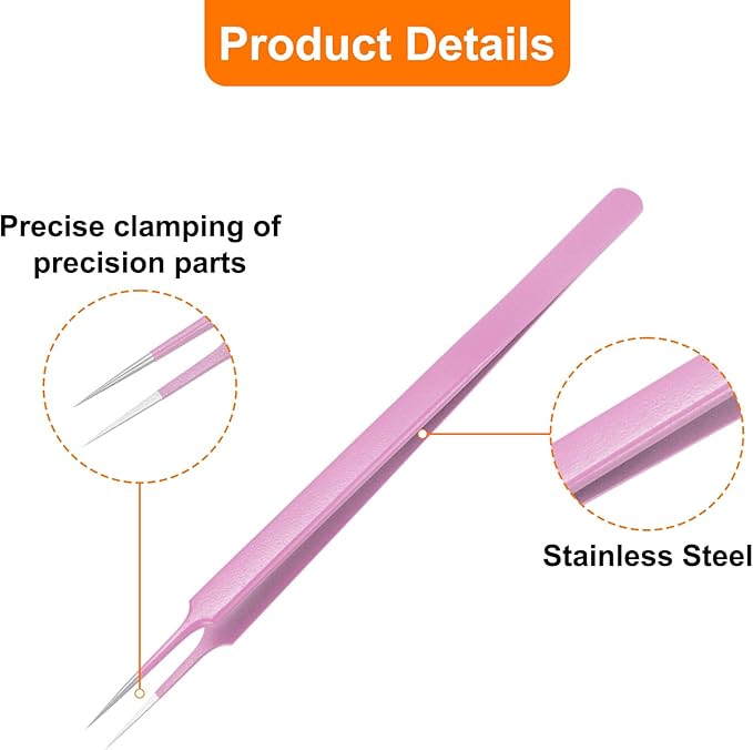 HARFINGTON Stainless Steel Precision Tweezers 6.3 Inch Long Handle Pointed Tip Tweezers Multi Purpose for Craft Industrial Work Laboratory Use, Pink