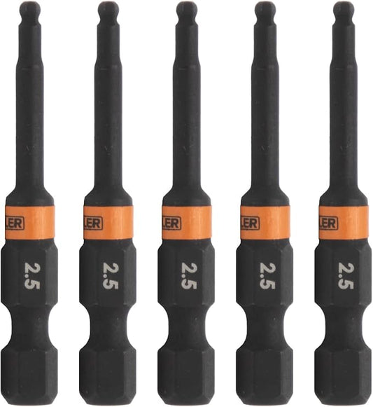 Ball-End Hex 2.5mm Impact Driver Bit - Railer Allen Wrench Drill Hex Bits. 1/4 Quick Release S2 Steel 2 inch 2.5mm Ball-End Hex Bits. (5 Pack)