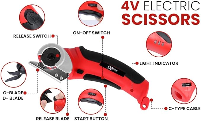 Sellere Electric Cutter for Cardboard & Carpet - Cordless Electric Scissors for Fabric - Carrying Case Included - Box Cutter Electric - 4.2V & 2000mAh - Low Noise & Low Vibration