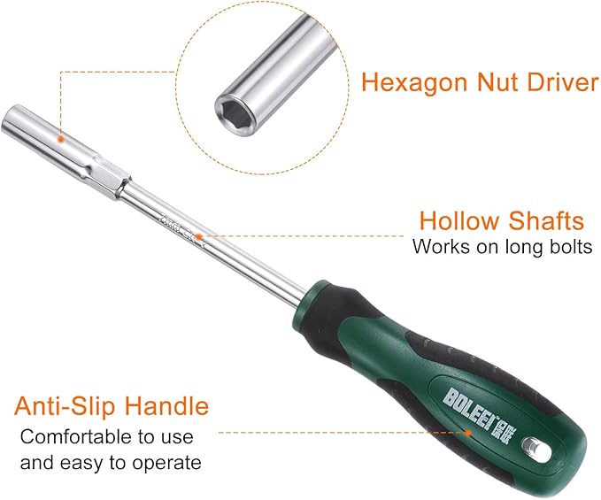 HARFINGTON Metric Nut Driver 7mm CR-V Non-Magnetic Tip Hollow Shafts Hex Socket Screwdriver with Non-Slip Handle for Automobile Repair