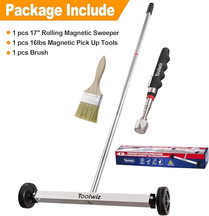 Toolwiz 17" Rolling Magnetic Sweeper 8.8lbs, with 16 lbs Telescopic Magnetic Pick Up Tools –Lightweight Pick-up Sweeper with Wheels for Nails, Screws & Metal Debris Home Use Workshop Garage