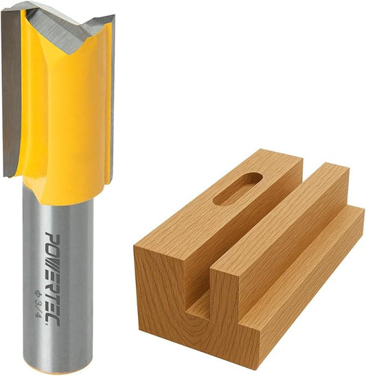 POWERTEC Tungsten Carbide Tipped Double Flute Straight Router Bit, 1/2" Shank, 3/4" Cutting Dia. 1-1/4" Cutting Length, Woodworking Router Bits for use on Router Table and Router Tool (73065)