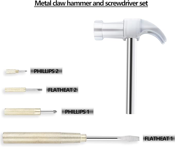 6-in-1 Metal Hammer & Screwdriver Multi-Tool Set with Small Nesting Hammer and Flat Head Phillips Screwdriver Set Non-slip Handle Slotted Best Gift for Husband, Son, Dad and G (Silvery-yellow)