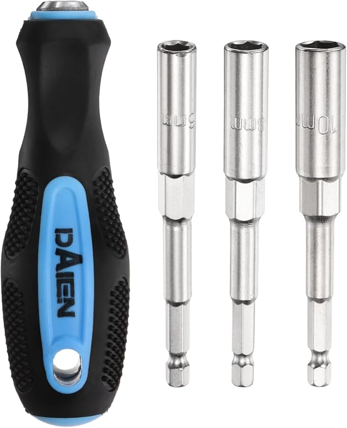 HARFINGTON Metric Nut Driver 6mm/8mm/10mm CR-V Non-Magnetic Detachable Tip Hollow Shafts Hex Socket Screwdriver with Anti-Slip Handle for Automobile Repair Bit Driver, Blue/Black