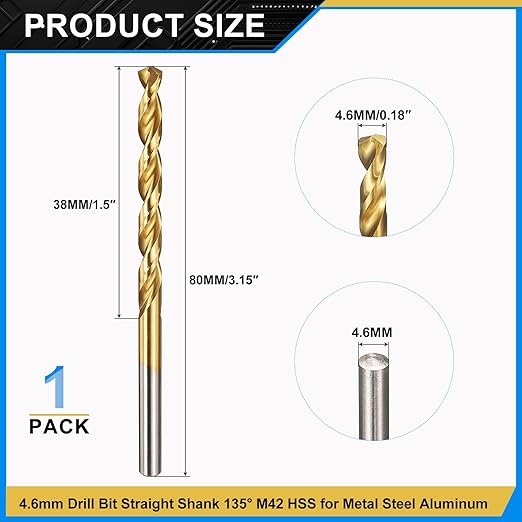 PATIKIL 4.6mm Drill Bit, M42 8% Cobalt High-Speed Steel Jobber Straight Shank 135° Titanium Nitride (TiN) Coated for Hard Metal Stainless Steel - 1 Pack