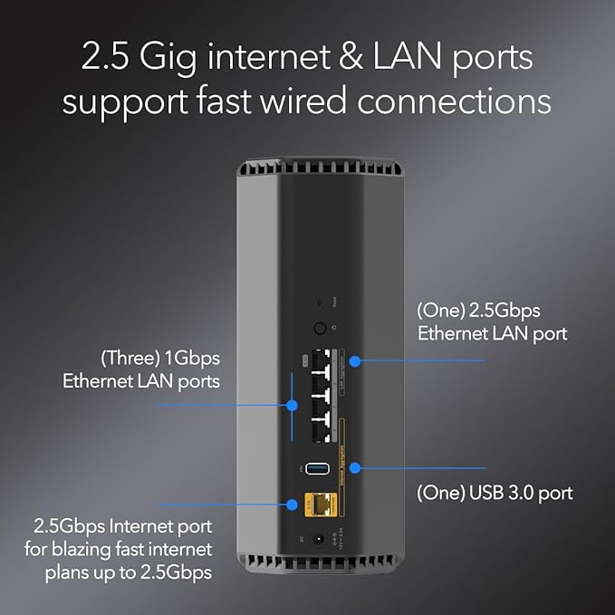 NETGEAR Nighthawk Dual-Band WiFi 7 Router (RS200) Router Only??BE6500 Wireless Speed (up to 6.5 Gbps) - Covers up to 2,500 sq. ft., 80 Devices ??2.5 Gig Internet Port - Free Expert Help