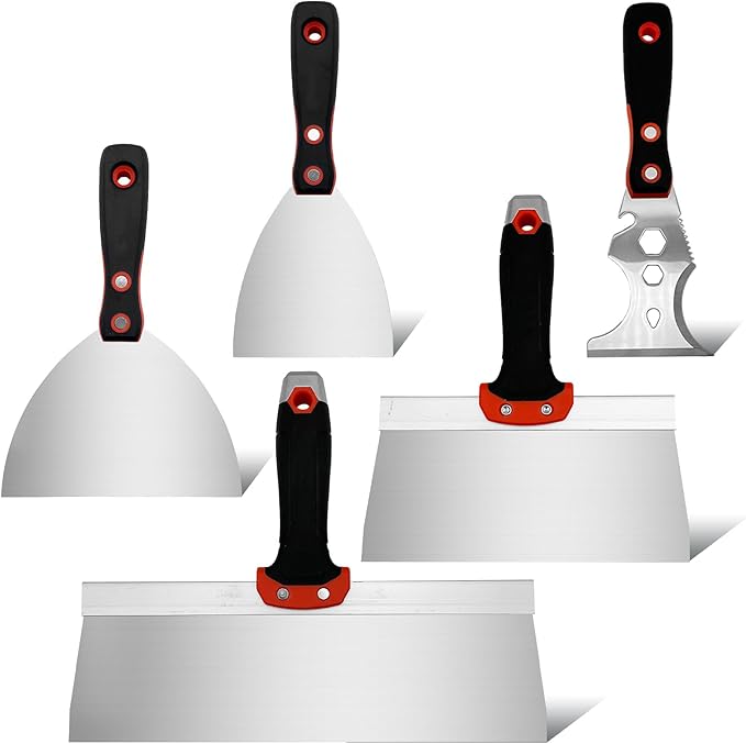 5 Pack Drywall Knife Set, Includes 8??& 12??Taping Knives, 4" & 6" Putty Knives and 3??Multifunctional Paint Scraper, Perfect Hand Tools for Drywall Joint Taping, Finishing and Patching