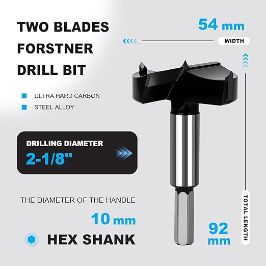 2-1/8 Inch Forstner Drill Bit Carbide Tipped,Woodworking Hinge Cutter for Precise Flat Bottom Holes in Hard Wood,Plywood,Plastic - Professional Grade