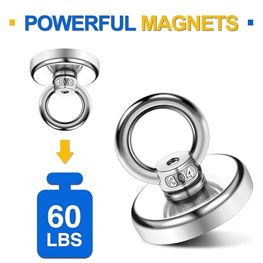 Magnetic Hooks 60 lbs(27 KG) Pulling Force Rare Earth Magnetic Hooks with Countersunk Hole Eyebolt for Home, Kitchen, Workplace, Office and Garage, 10 Packs