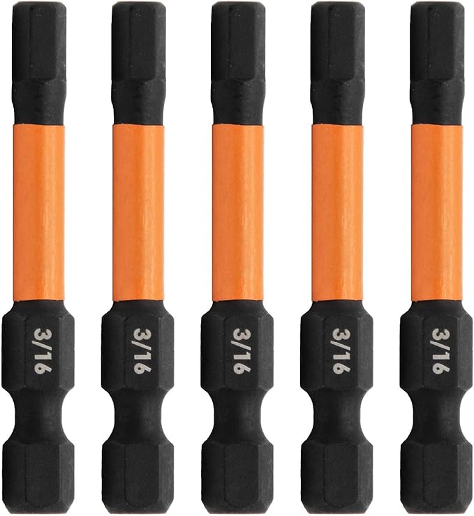 Railer 3/16" Hex Drive Bit - Impact Grade S2 Steel 2" Hex Head Allen Wrench Drill Bit w/Quick-Release 1/4 Shank. (5pc)