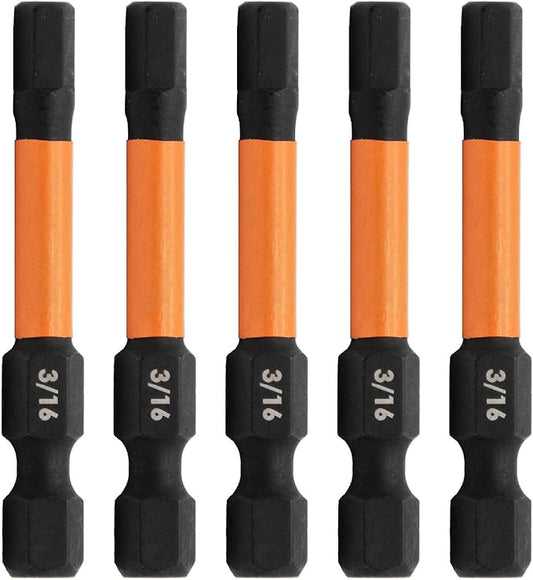 Railer 3/16" Hex Drive Bit - Impact Grade S2 Steel 2" Hex Head Allen Wrench Drill Bit w/Quick-Release 1/4 Shank. (5pc)