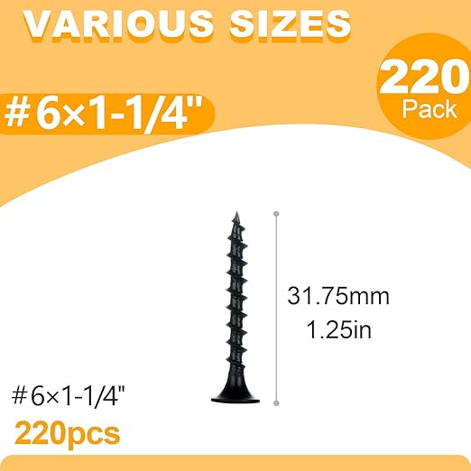 KURUI 220Pcs #6 * 1-1/4in Drywall Screws, Dry Wall Screws for Drywall Wood, Coarse Thread Sheetrock Screws - Black Bugle-Head Phillips Self Tapping Wood Screws
