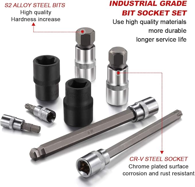 107-Piece Allen and Torx Bit Socket Set, 1/4", 3/8" and 1/2" Drive Hex/Ball End Hex/Extra Long Tamper Proof Torx SAE & Metric Bit Set