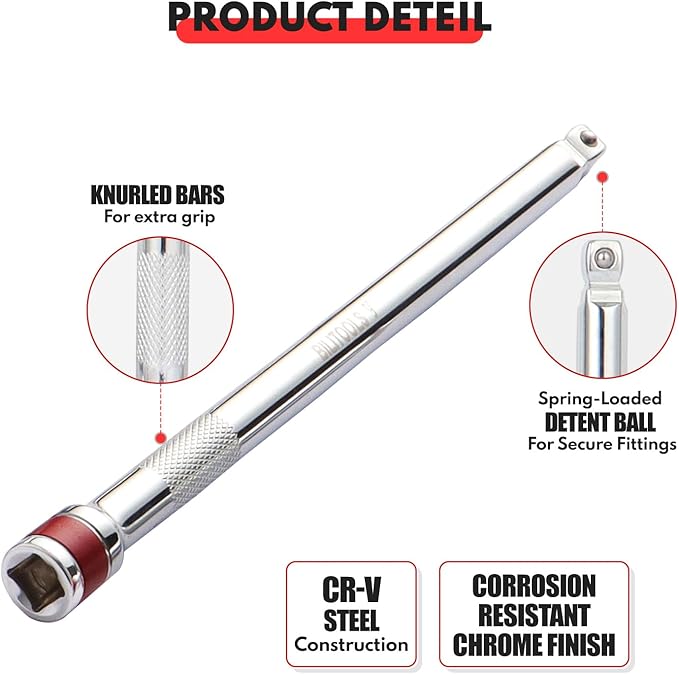 BILITOOLS Wobble Extension Set, 9 PCS 1/4", 3/8" and 1/2" Drive Ratchet Extension Set Flexible, Cr-V Steel