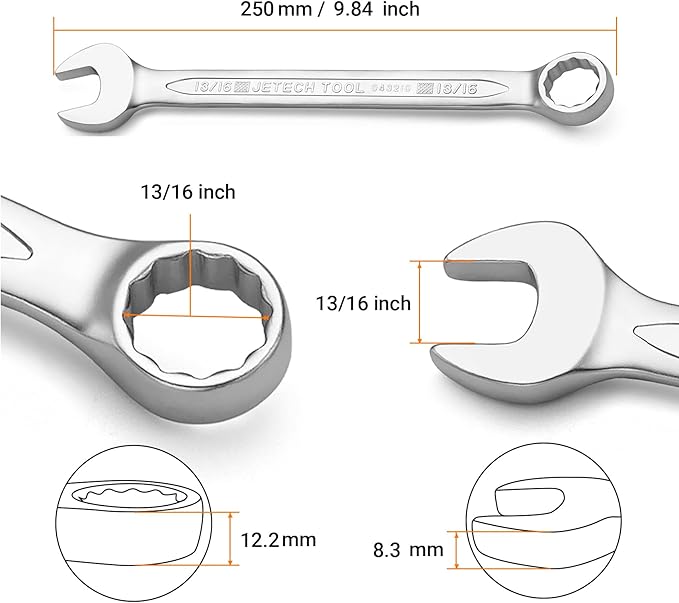 Jetech 13/16" Combination Spanner - Durable SAE Inch Cr-V Steel High Strength Wrench in Sand Blasted Finish