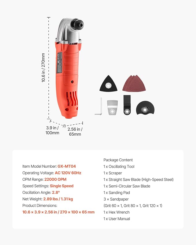 VEVOR Oscillating Tool Multitool, 2.2Amps 22,000 OPM Electric Oscillating Multi Tool Kit Corded with 2.8째 Oscillating Angle, 7PCS Saw Accessories for Cutting, Scraping, Sanding, Floor Stripping