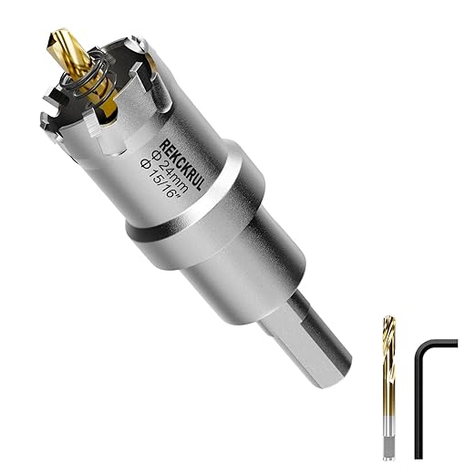 15/16" (24mm) TCT Carbide Hole Saw Kit for Metal - Heavy Duty Hole Cutter Drill Bits Set with 2 Titanium/Step Pilot Drill Bits & L-Wrench, Cuts Stainless Steel, Iron, Aluminum, Wood, Plastic