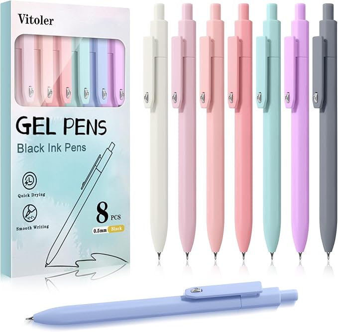 Vitoler Gel Pens,8 pcs 0.5mm Pens,Fine Point Black Ink Pen,Smooth Writing Retractable Pen for Teacher Suppliesd,Cute Office Supplies for Women
