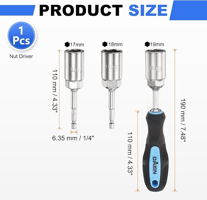 HARFINGTON Metric Nut Driver 17mm/18mm/19mm CR-V Non-Magnetic Detachable Tip Hollow Shafts Hex Socket Screwdriver with Anti-Slip Handle for Automobile Repair Bit Driver, Blue/Black