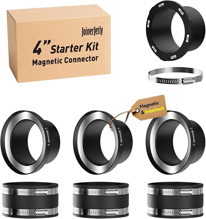 4 Inch Magnetic Dust Collection Fittings with Interlock, Starter Kit for Dust Collector and Shop Vacuums, Quickly Connect Hose to Machine Port, 3 Pack