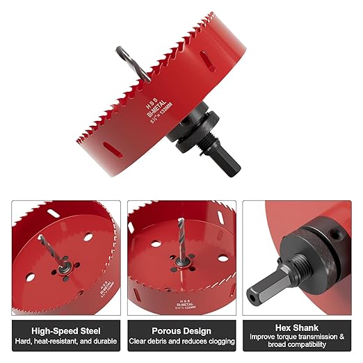 5-1/4" (133mm) Bi-Metal M42 High Speed Steel Hole Saw with Pilot Drill Bit, Smooth Cutting Edge for PVC, Drywall, Wood, Plastic, Gypsum Board, Rubber, Thin Metal