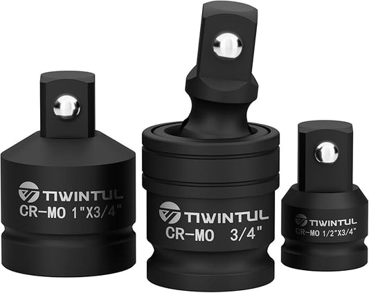 3/4 Inch Drive Universal Impact Joint, 1/2" to 3/4" Impact Adapter, 1" to 3/4" Impact Reducer, CR-MO, Impact Swivel Socket Set, 3-Piece, Meets ANSI Standards, for Mechanics & Industrial