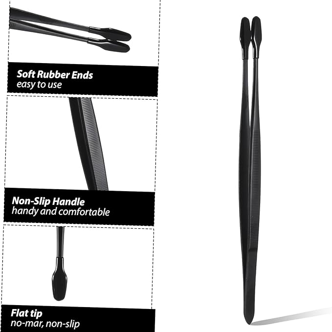 Rubber Tipped Tweezers, 2 Pcs Silicone Coated Long Bent and Straight Flat Tip Craft Tweezers Stainless Steel Precision Tweezer Set for Lab Electronic Industrial Stamps Coin Beads Jewelry (Black)