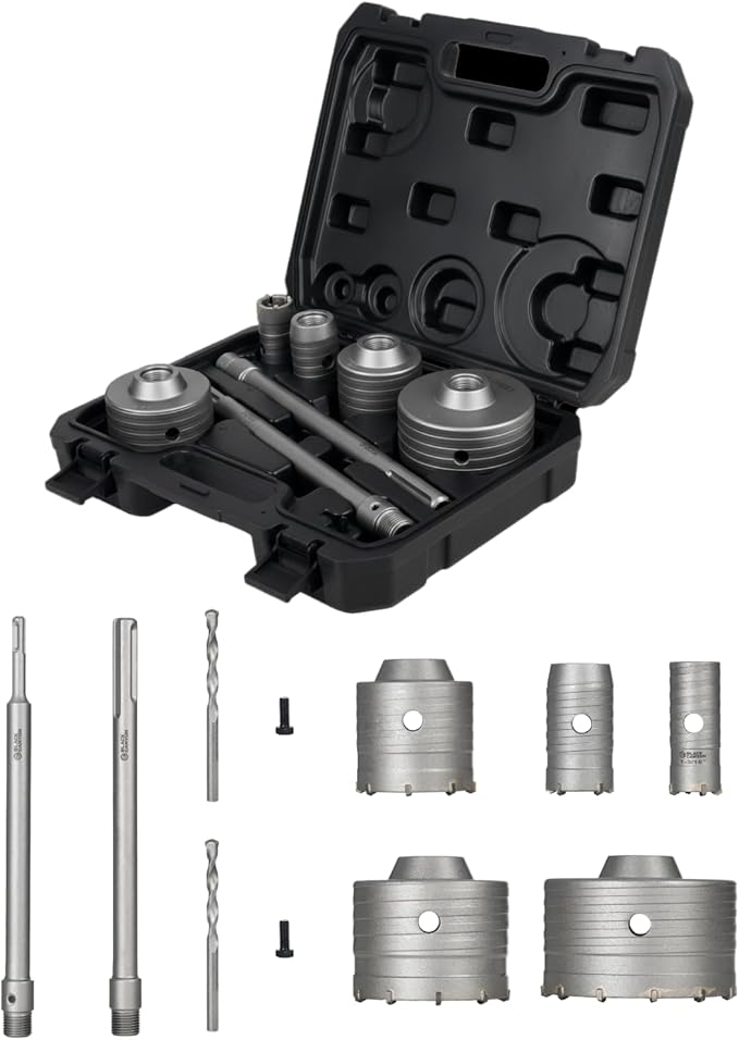 BLACK CANYON 9PCS Concrete Hole Saw Kit ??Masonry Hole Saws 30/40/65/80/100mm with 2 Drill Bits, SDS Plus & Max Shanks, Heavy-Duty Hole Saw Set for Concrete, Cement, Brick & Stone Wall Drilling