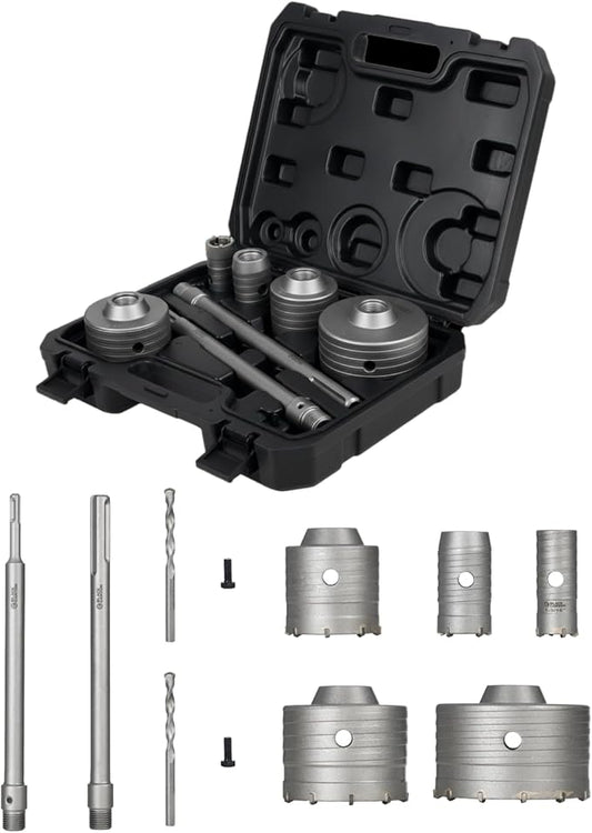 BLACK CANYON 9PCS Concrete Hole Saw Kit ??Masonry Hole Saws 30/40/65/80/100mm with 2 Drill Bits, SDS Plus & Max Shanks, Heavy-Duty Hole Saw Set for Concrete, Cement, Brick & Stone Wall Drilling