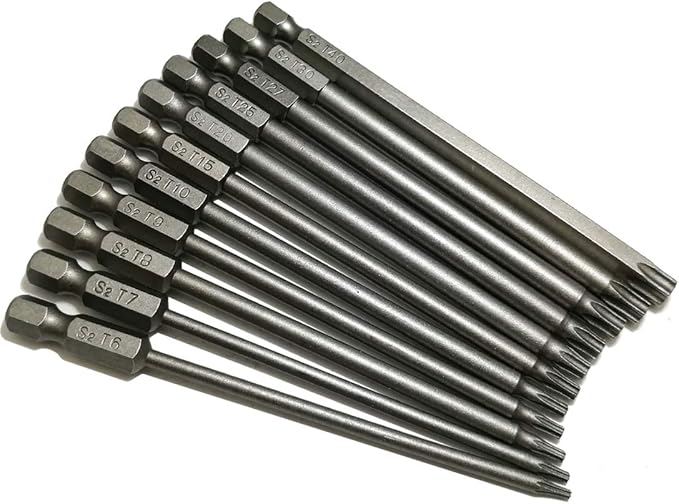 Long Torx Security Head Screwdriver Drill Set 1/4 Inch Hex Shank T6 T7 T8 T9 T10 T15 T20 T25 T27 T30 T40 11 Pieces 4 Inch Length S2 Steel Torx Screwdriver Bit Set (11pcs Torx Head 100mm)