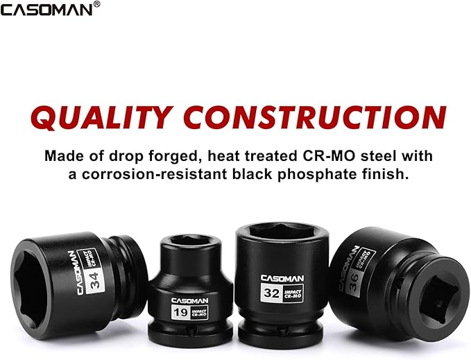 CASOMAN 15-Piece 3/4" Drive Shallow Spindle Axle Nut Impact Socket Set, 6-Point, Standard Large Socket Set, Metric (17mm -55mm), CR-MO Steel, with Storage Case