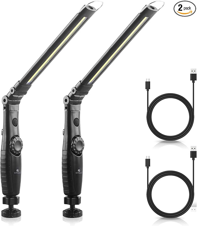Dr. Prepare LED Work Light, 700 Lumens Foldable Rechargeable Work Light, 3200mAh Cordless Portable Magnetic COB LED Inspection Light for Car Repair, Home, Garage, Emergency, 2 Pack