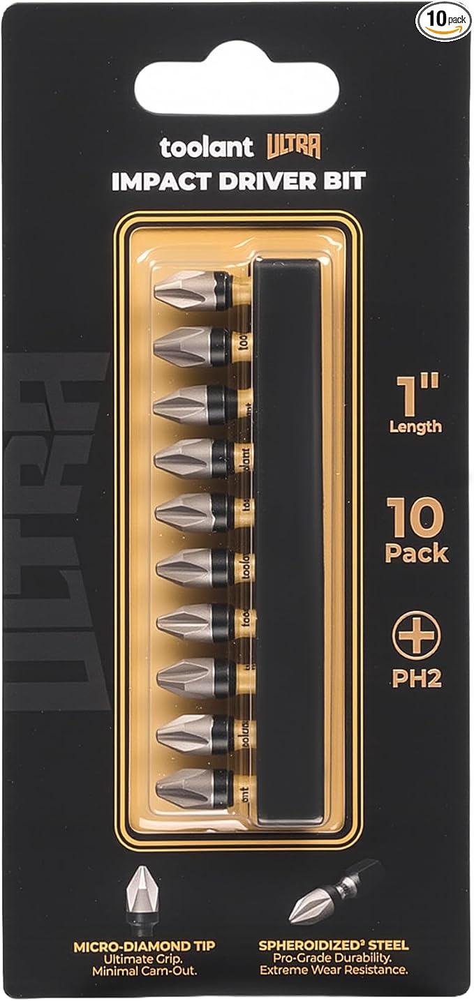 toolant 1 Inch Phillips Bit#2, Magnetic Anti Slip Impact Screwdriver Bits Set, 10pcs Impact Steel X2 PH2 Driver Dit Set with CNC Machined Tips for Impact Driver