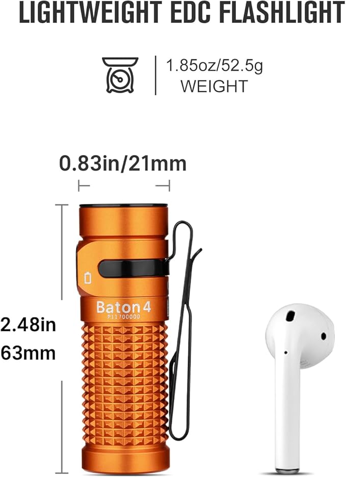 OLIGHT Baton4 Rechargeable EDC Flashlight, LED Pocket Light 1300 Lumens with Magnetic Charging Cable, 6 Modes, Powerful Bright IPX8 Waterproof for Home, Camping and Emergencies (Orange)