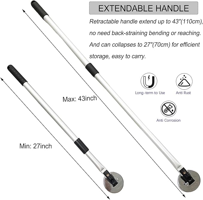 Telescoping Magnetic Sweeper Pickup Tool, Retractable 27" to 43" with Super Strong Magnet, Screws Parts Finder with 64LB Pull Capacity for Pick up Nails, Screws, and Metal Parts